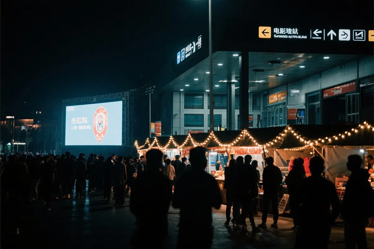 费城球迷广场夜景：大屏观赛人群、步行指示牌与公共交通入口
